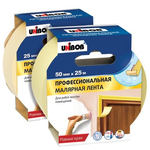 Скотч малярный для внутренних работ  желтый Unibob 25 мм 50 метров