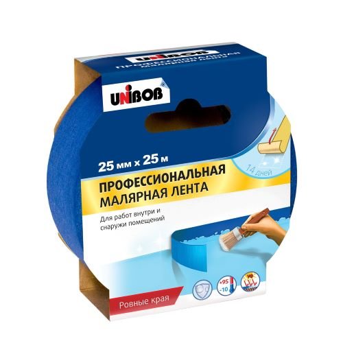 Скотч малярный для внутренних и наружных работ синяя Unibob 25 мм 25 метров