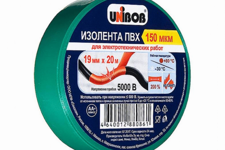 Изолента Unibob ПВХ 150 мкм 19 мм x 20 метров зеленая  